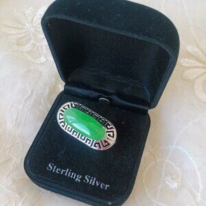 Sterling Silver 925 Oval Green Jadeite Greek Key Cut Out Brooch Pin ~New in Box